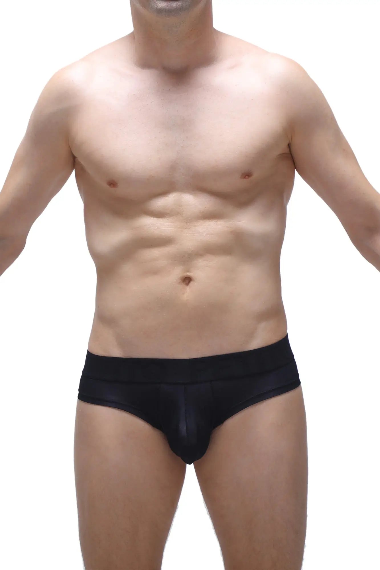 Black cheeky brief voile men’s briefs with a smooth glossy finish and form-fitting design