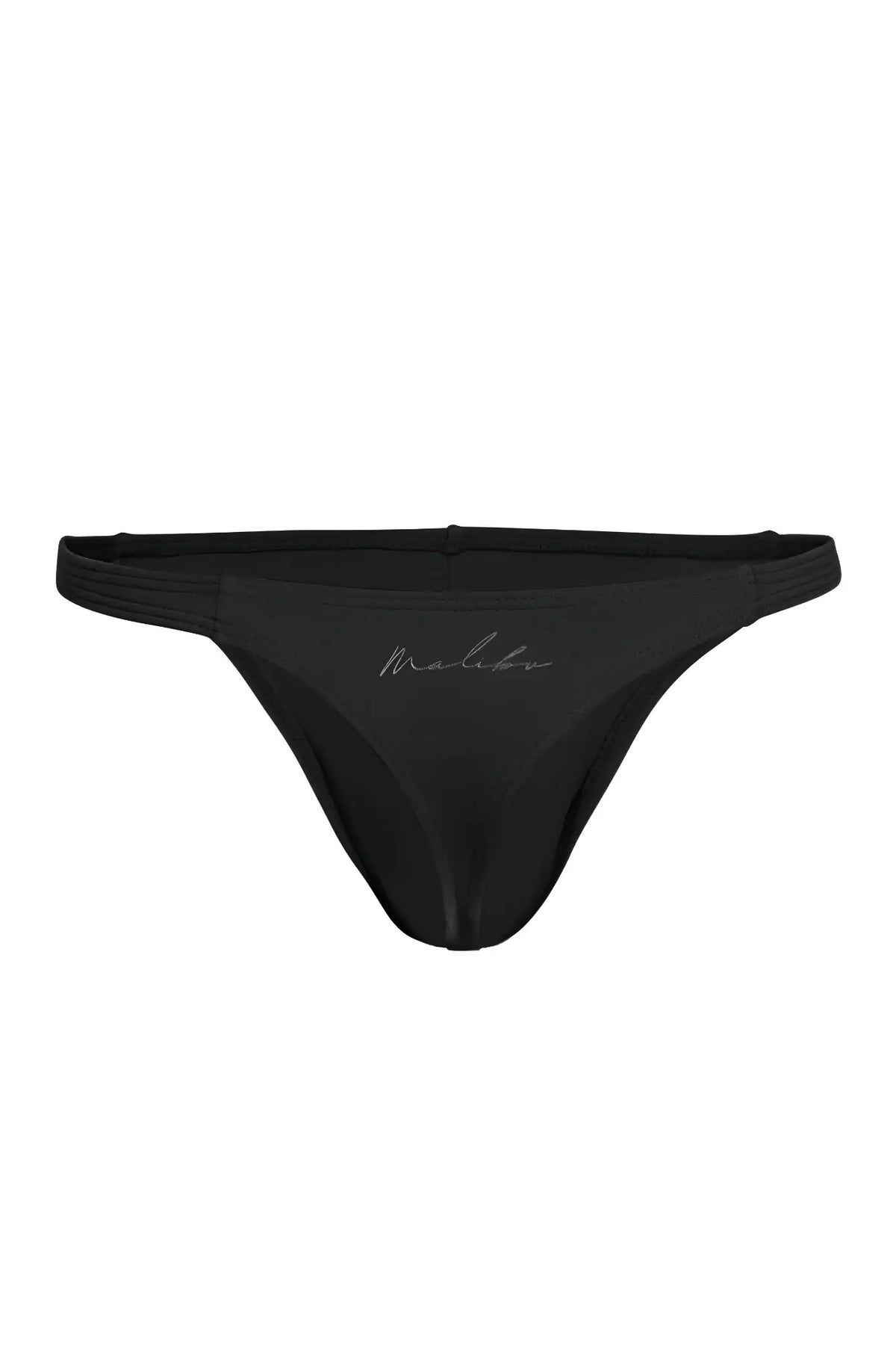 Black cheeky classic g-string thong featuring a subtle silver meltu logo embroidered on the front