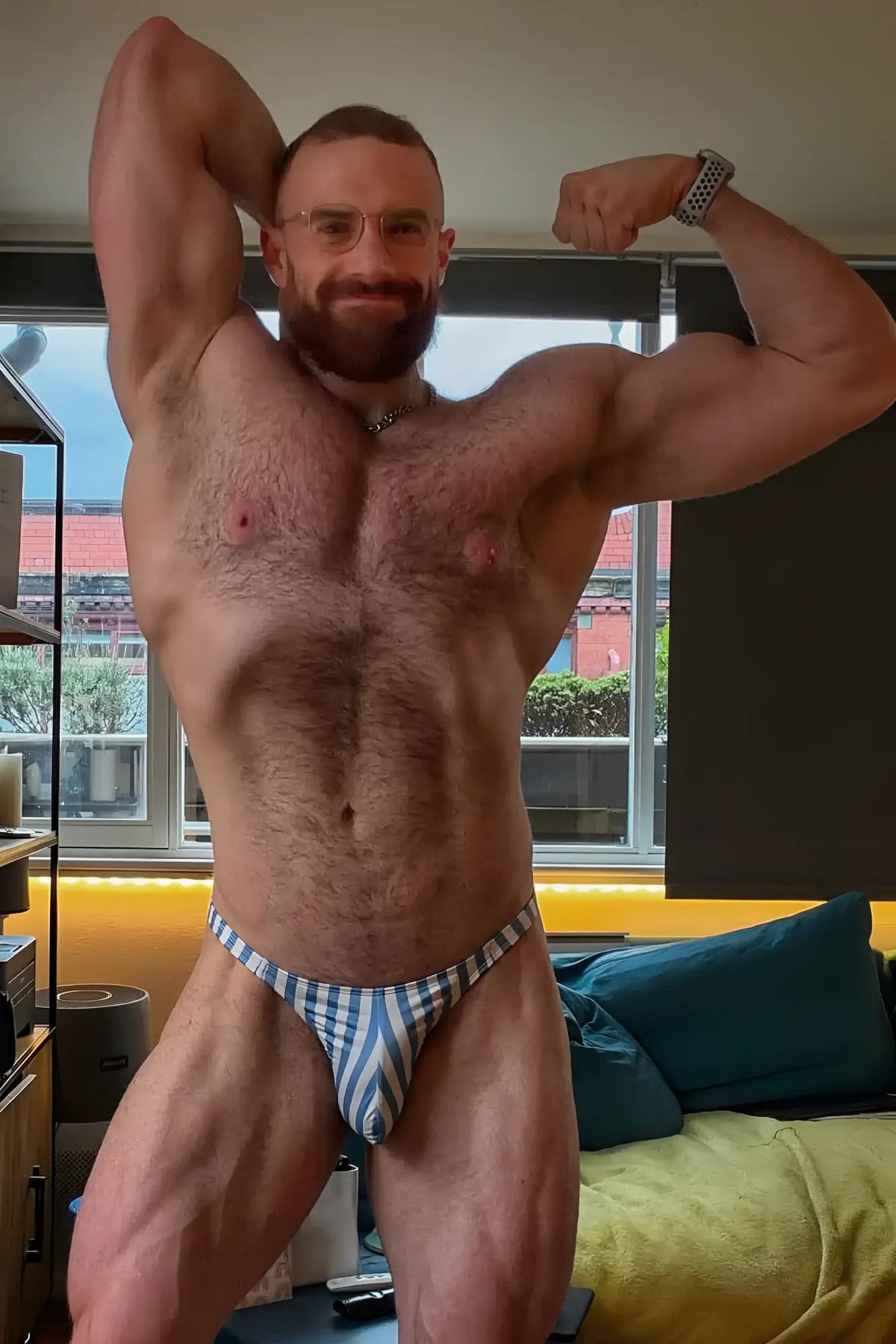 Blue and white striped checkered cheeky classic g-string thong briefs made of soft breathable fabric showing front side