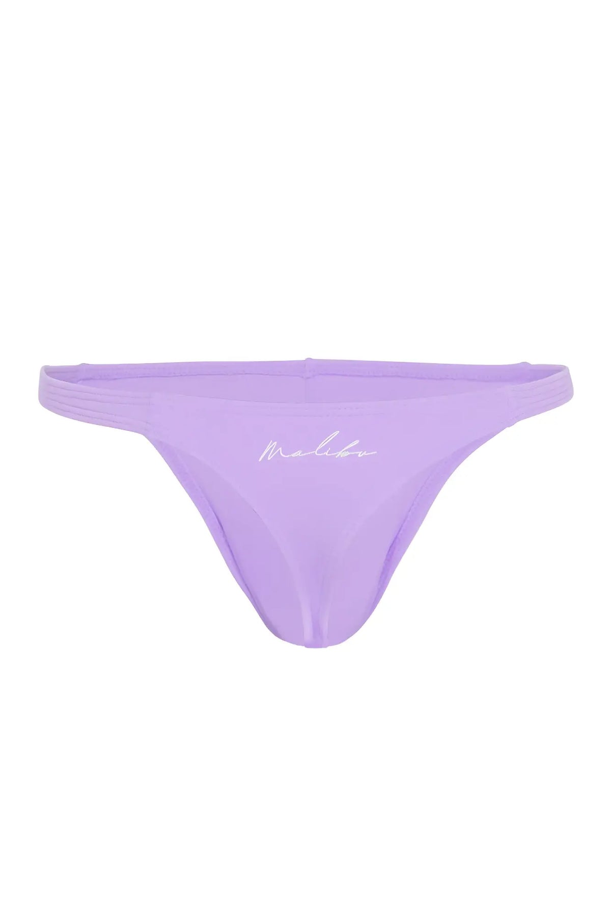 Lavender-colored cheeky classic g-string thong bottom with subtle embroidered brand logo shown from the back side