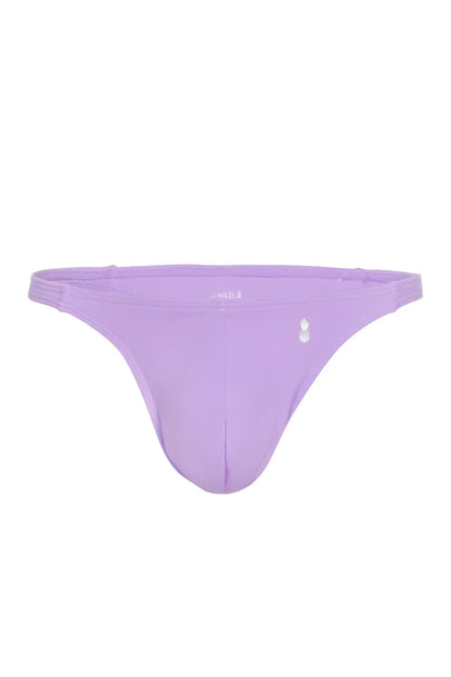A lavender digital violet cheeky classic g-string thong made of stretchy fabric with a small white logo on the hipband