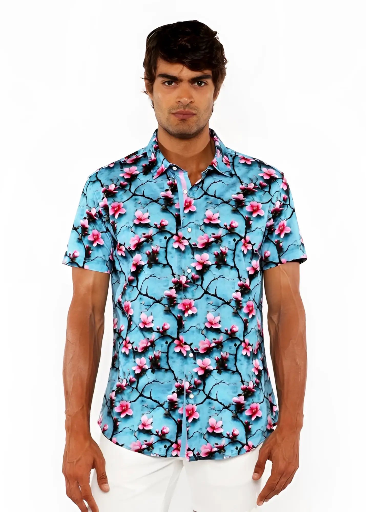 A vibrant turquoise short-sleeved stretch knit shirt with 3d cherry blossoms print and dark branch pattern