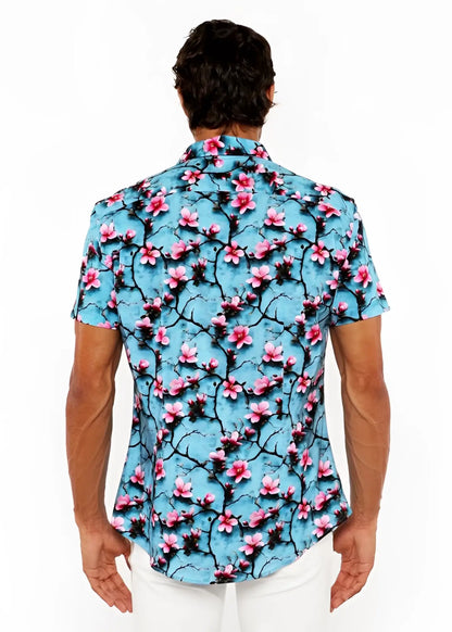 A vibrant turquoise cherry blossoms 3d print stretch knit short-sleeved button-up shirt with pink floral pattern
