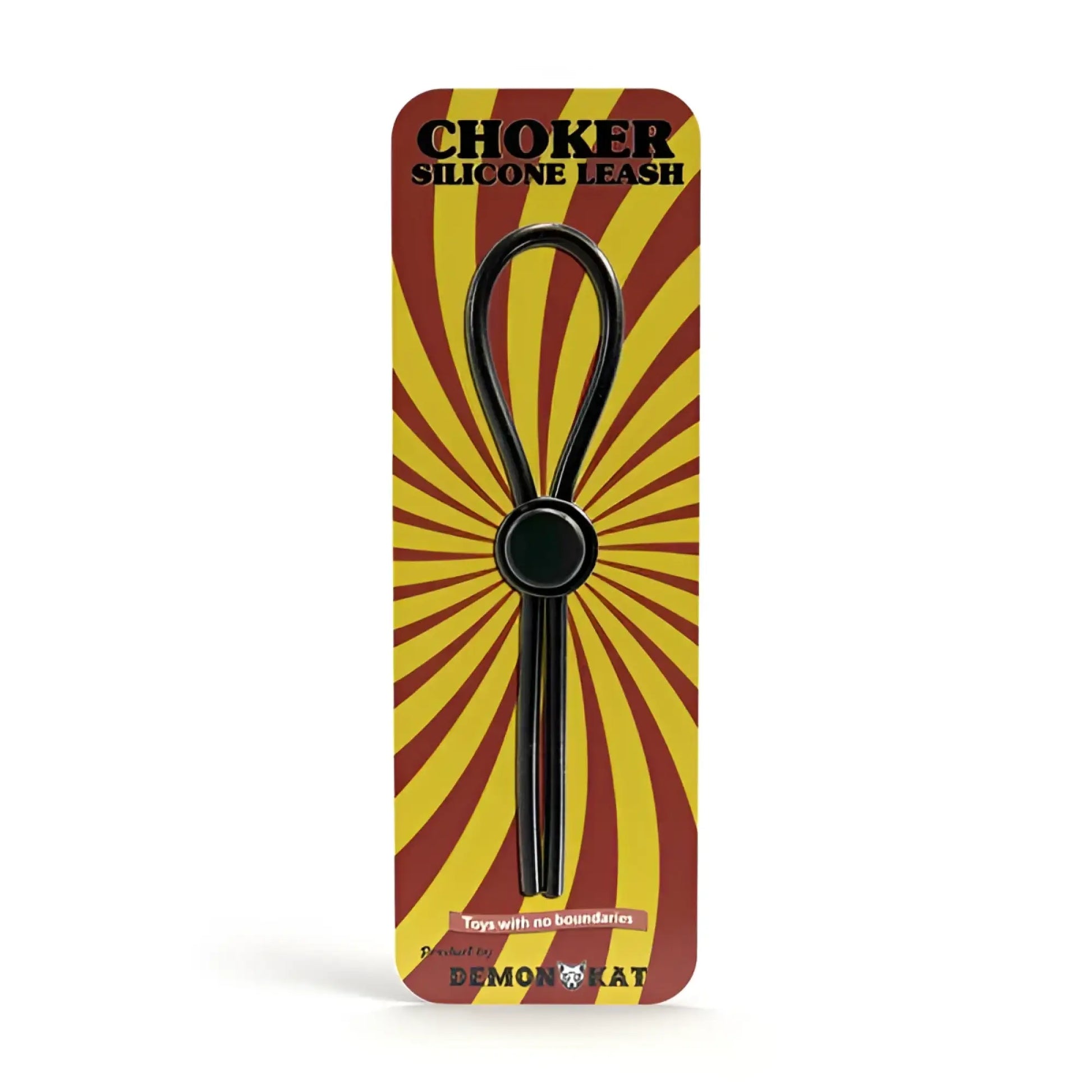 Black silicone choker leash with central circular ring packaged in red and yellow sunburst design