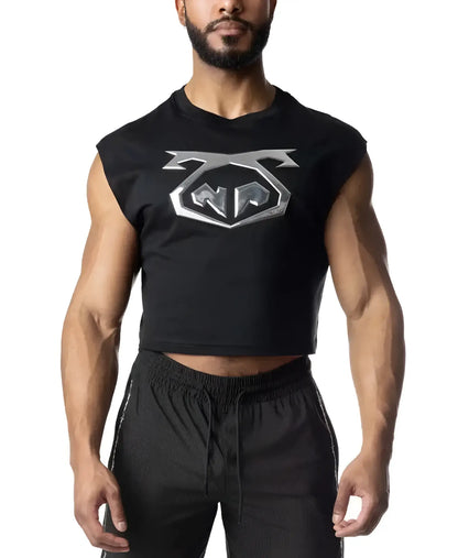 Black sleeveless chrome crop top with silver metallic logo on chest for stylish casual wear