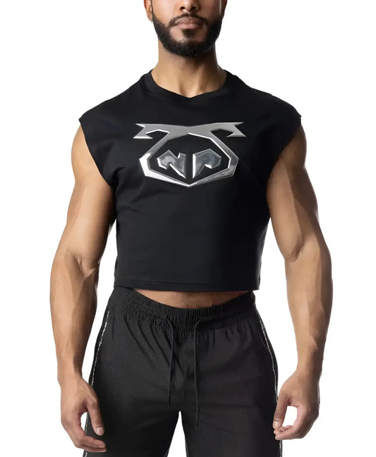 Black sleeveless chrome crop top with silver metallic logo on chest for stylish casual wear
