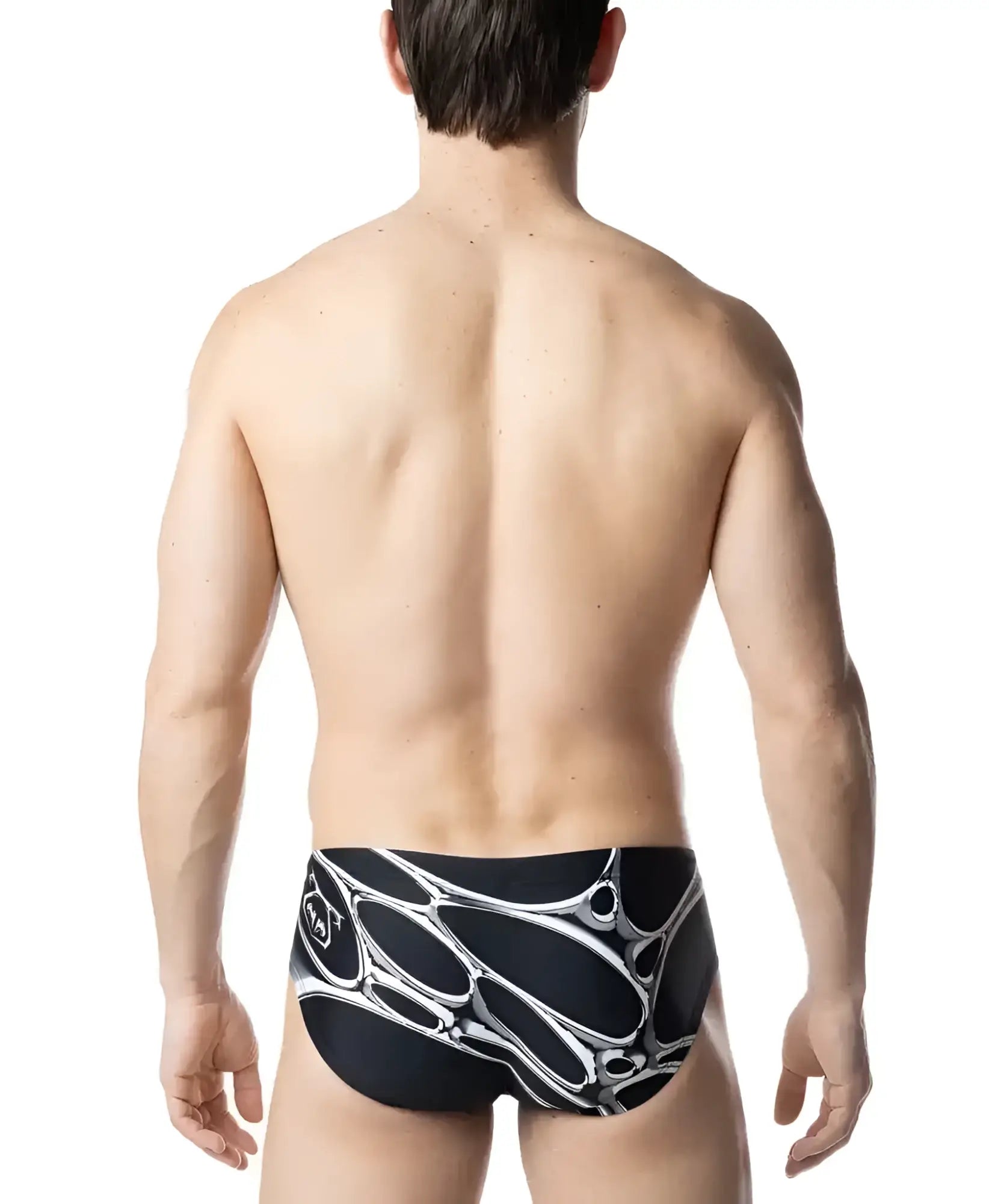 Black swim trunks with bold white abstract organic pattern from the chromium bikini collection designed for swimming