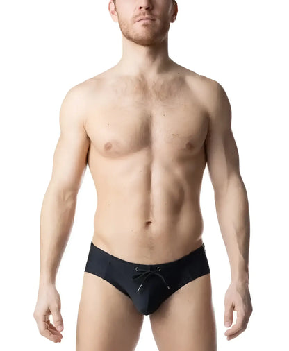 Black chromium bikini swim trunks with drawstring waistband designed for comfortable beachwear use