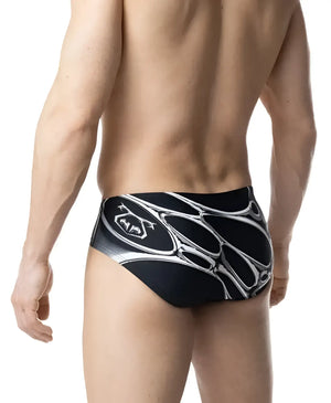 Black and white patterned chromium bikini swim trunks with bold abstract interconnected oval shapes design