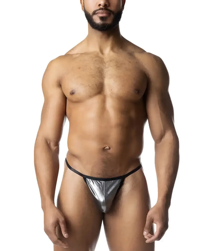 Shiny silver metallic chromium thong with black elastic waistband showing front side details