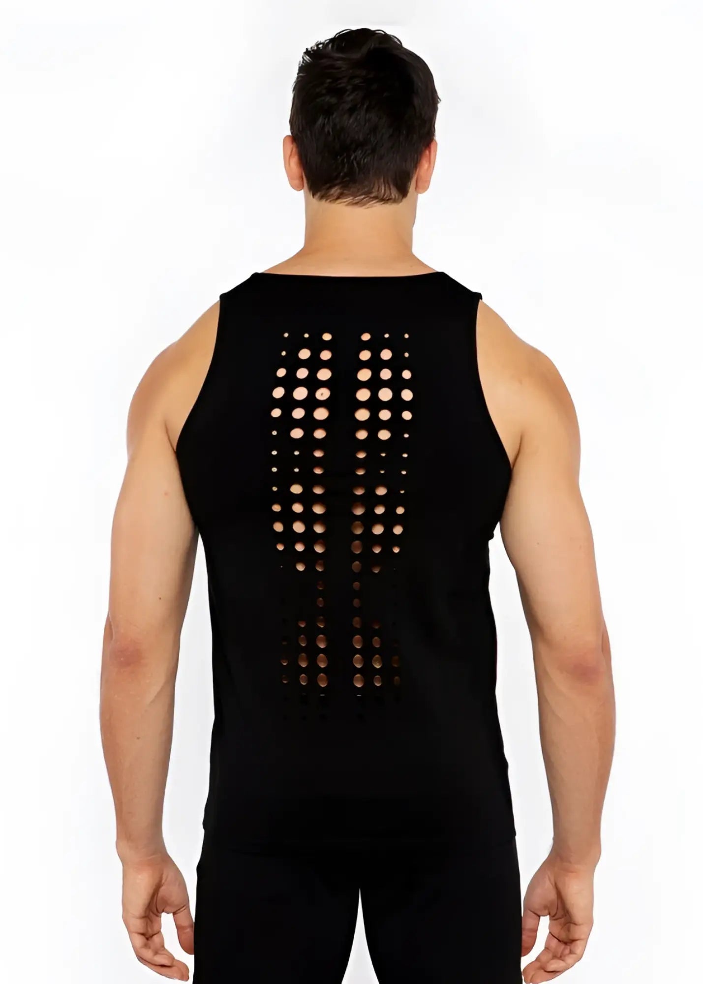 Black sleeveless stretch jersey tank with circular perforations down the back for stylish ventilation