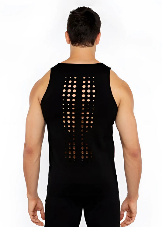 Black sleeveless stretch jersey tank with circular perforations down the back for stylish ventilation
