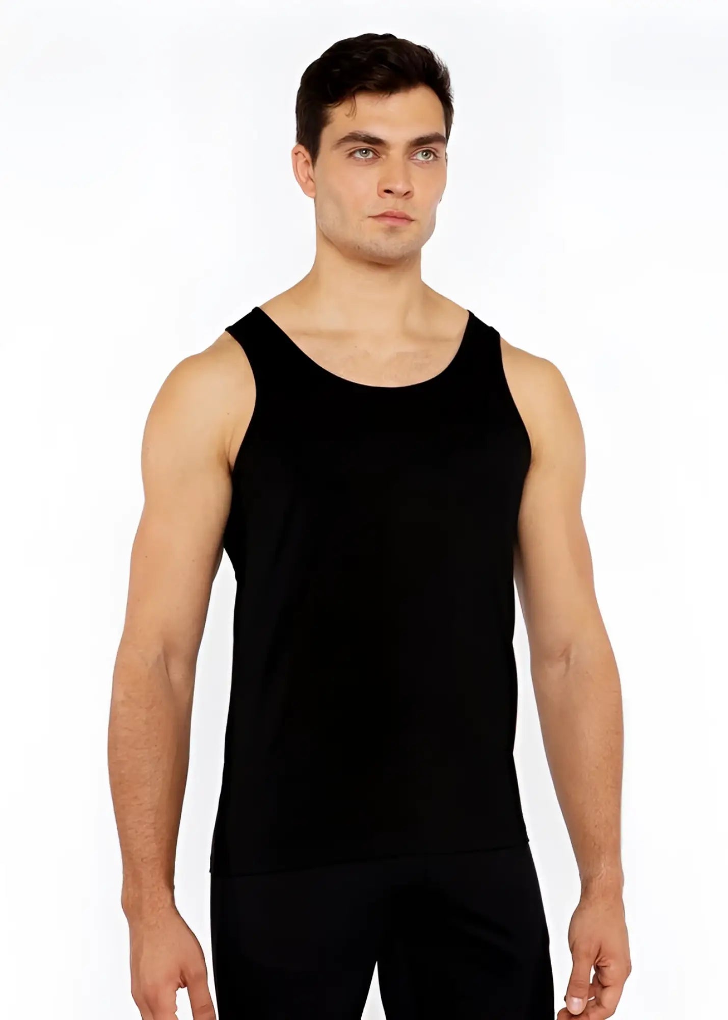 Black sleeveless circle spine laser cut stretch jersey tank top with rounded neckline and smooth form-fitting fabric