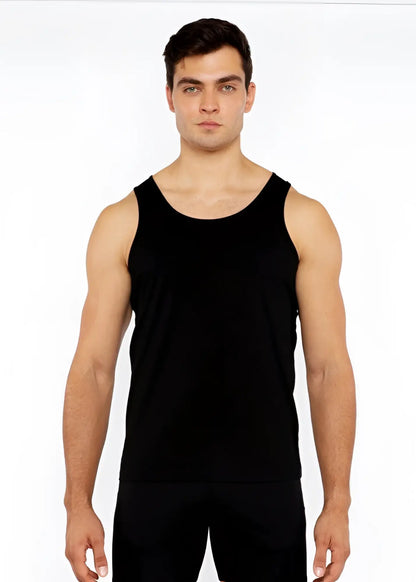 Black sleeveless tank top made of stretch jersey with circle spine laser cut design and a simple solid style