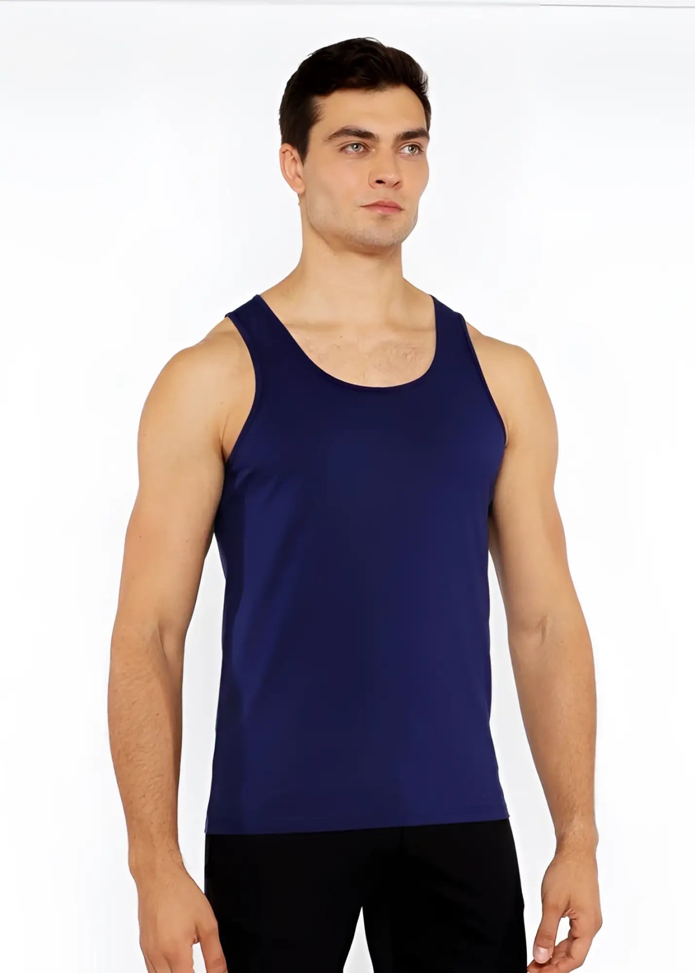 Navy blue sleeveless tank top made of stretch jersey with circle spine laser cut detail