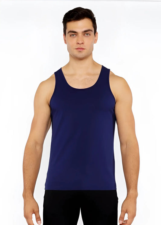 Navy blue sleeveless stretch jersey tank top with circle spine laser cut detailing for comfortable wear