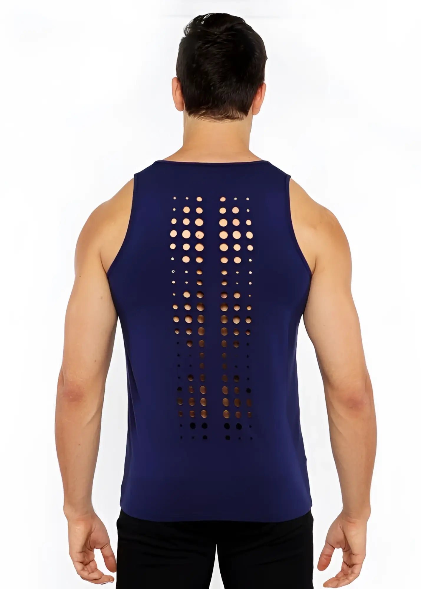 Navy blue stretch jersey tank top shown from the back with vertical circle cutouts along the spine