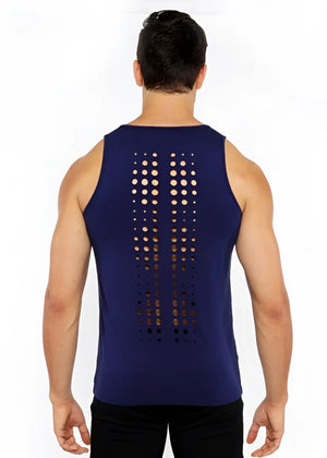 Navy blue stretch jersey tank top shown from the back with vertical circle cutouts along the spine