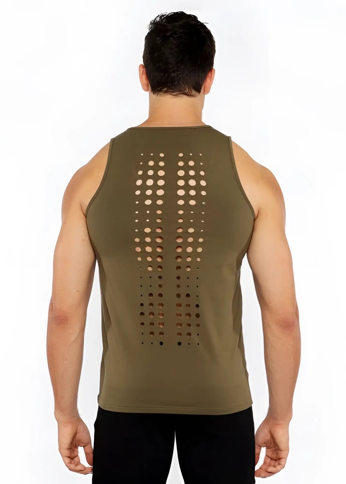 Back of olive green circle spine laser cut stretch jersey tank top with circular perforations down the back