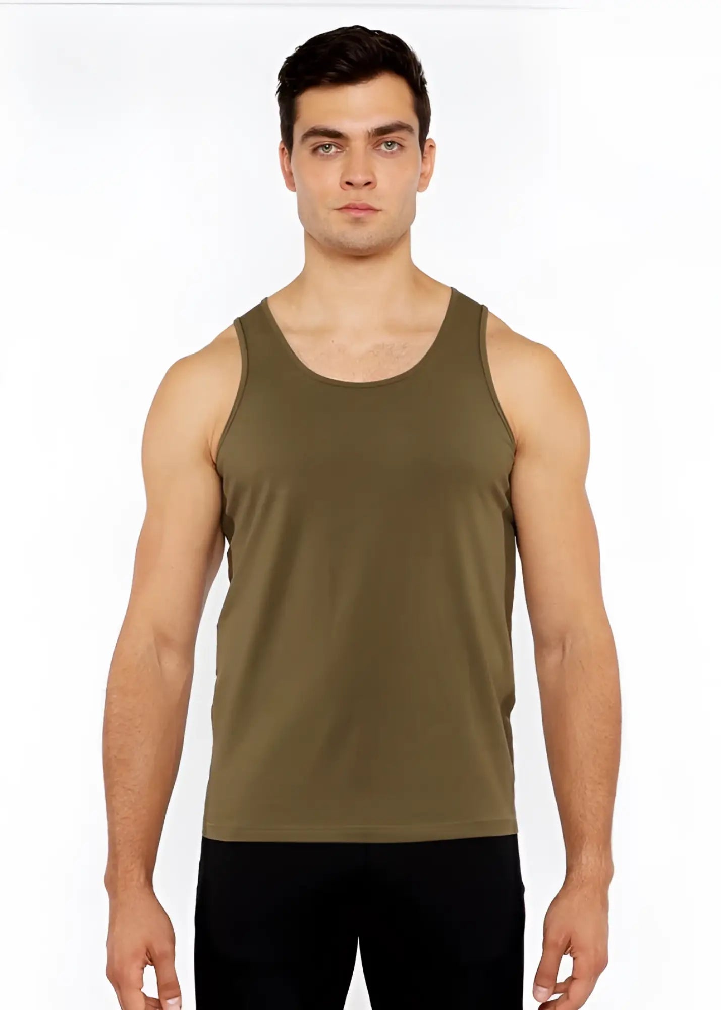 Olive green sleeveless tank top in stretch jersey with a fitted design and circle spine laser cut detailing