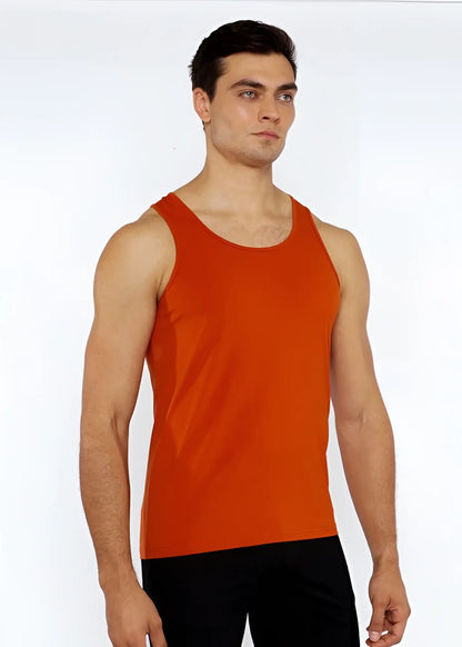 Orange sleeveless athletic tank top made of laser cut stretch jersey fabric designed for active wear