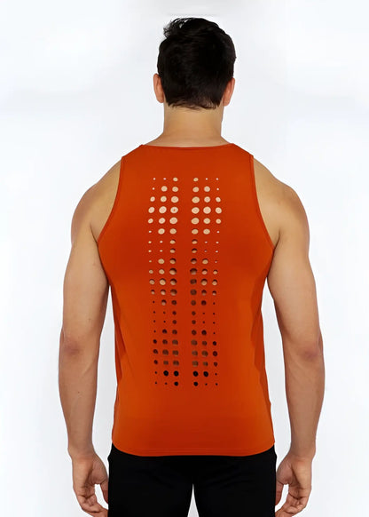 Back of an orange circle spine laser cut stretch jersey tank top with a vertical pattern of perforated dots