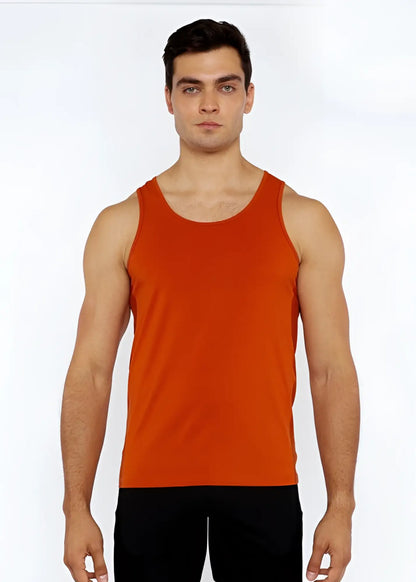 A solid orange sleeveless stretch jersey tank top with circle spine laser cut and a simple round neckline