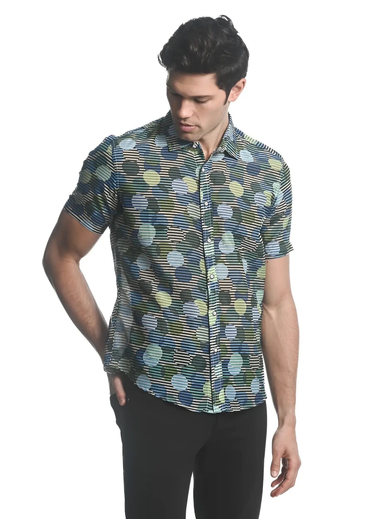 A men’s short-sleeved cotton silk woven shirt with vibrant blue green and yellow overlapping circles on dark fabric