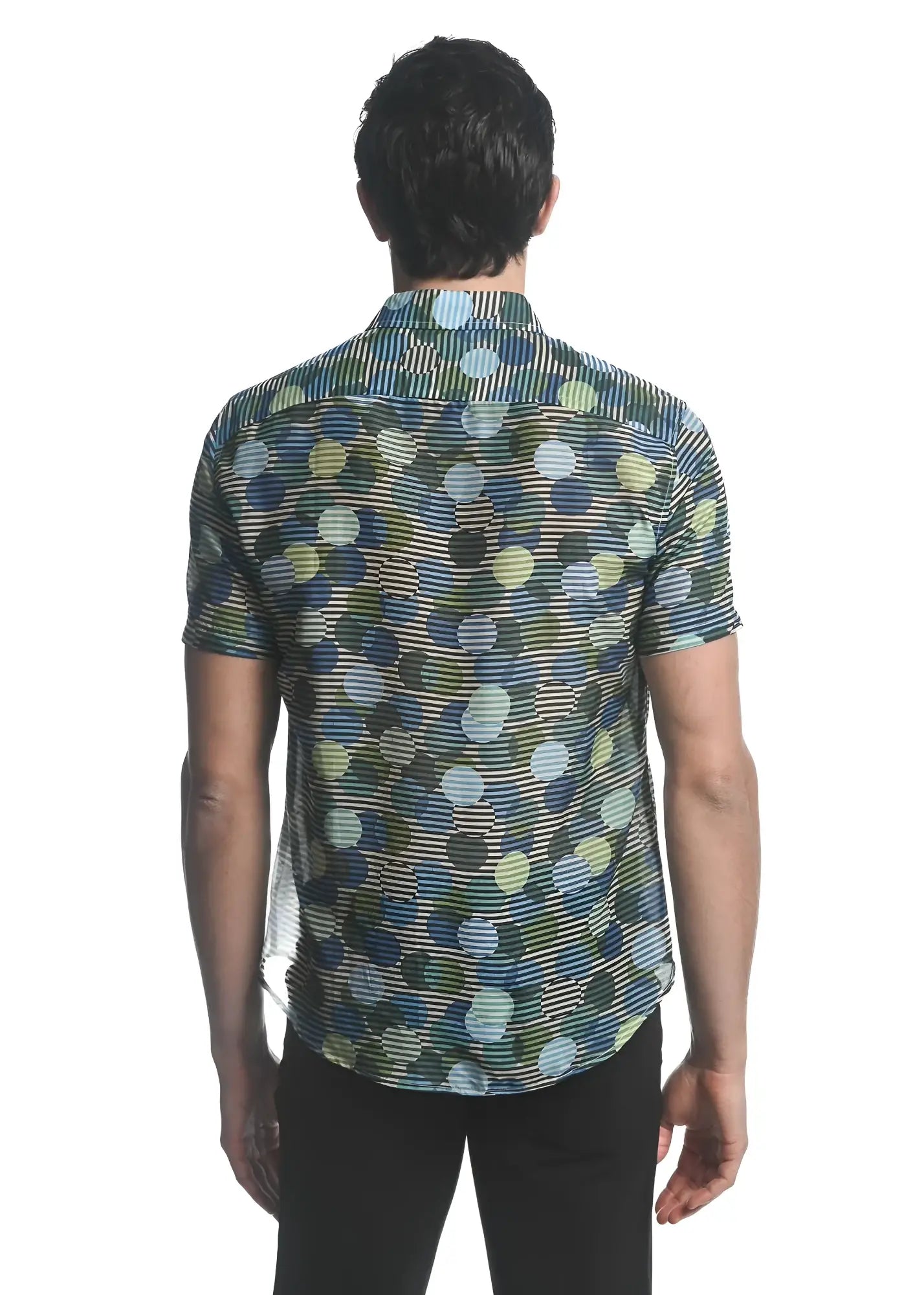 A short-sleeved circles cotton silk s s woven shirt with vibrant blue green and beige overlapping circle pattern on stripes