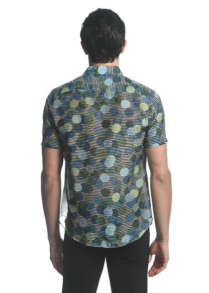 A short-sleeved circles cotton silk s s woven shirt with vibrant blue green and beige overlapping circle pattern on stripes