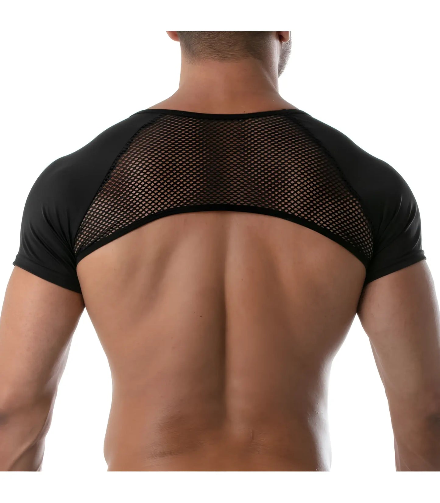 Black mesh shoulder panel short sleeve top with solid fabric sleeves and neckline in circuit mesh full harness style