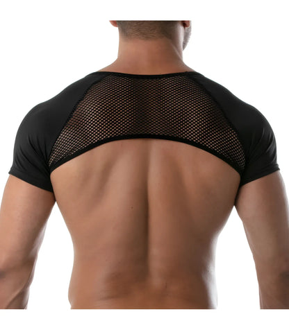 Black mesh shoulder panel short sleeve top with solid fabric sleeves and neckline in circuit mesh full harness style