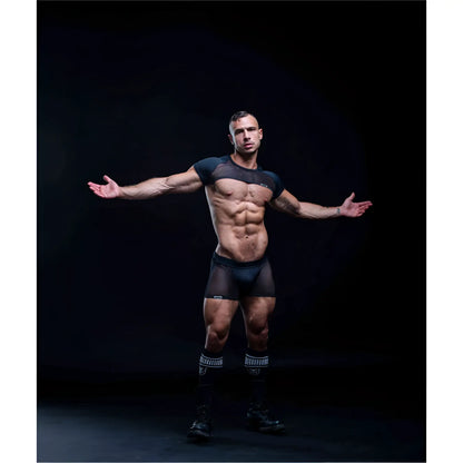 Black mesh athletic top with short sleeves and matching mesh jockshort designed for circuit training