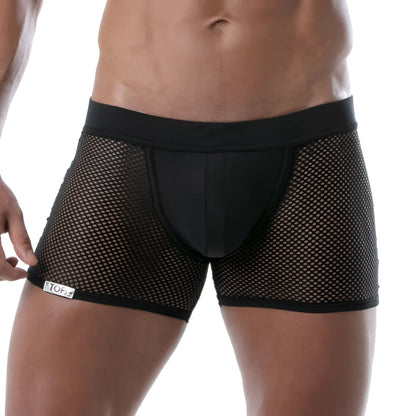 Black mesh circuit mesh jockshort boxer briefs with solid black waistband and tof brand label on left hip