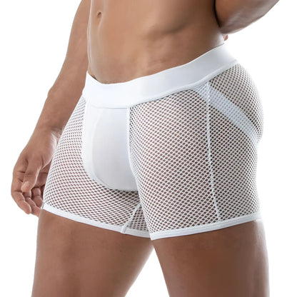 White mesh boxer briefs with solid white waistband and leg openings from the circuit mesh jockshort collection