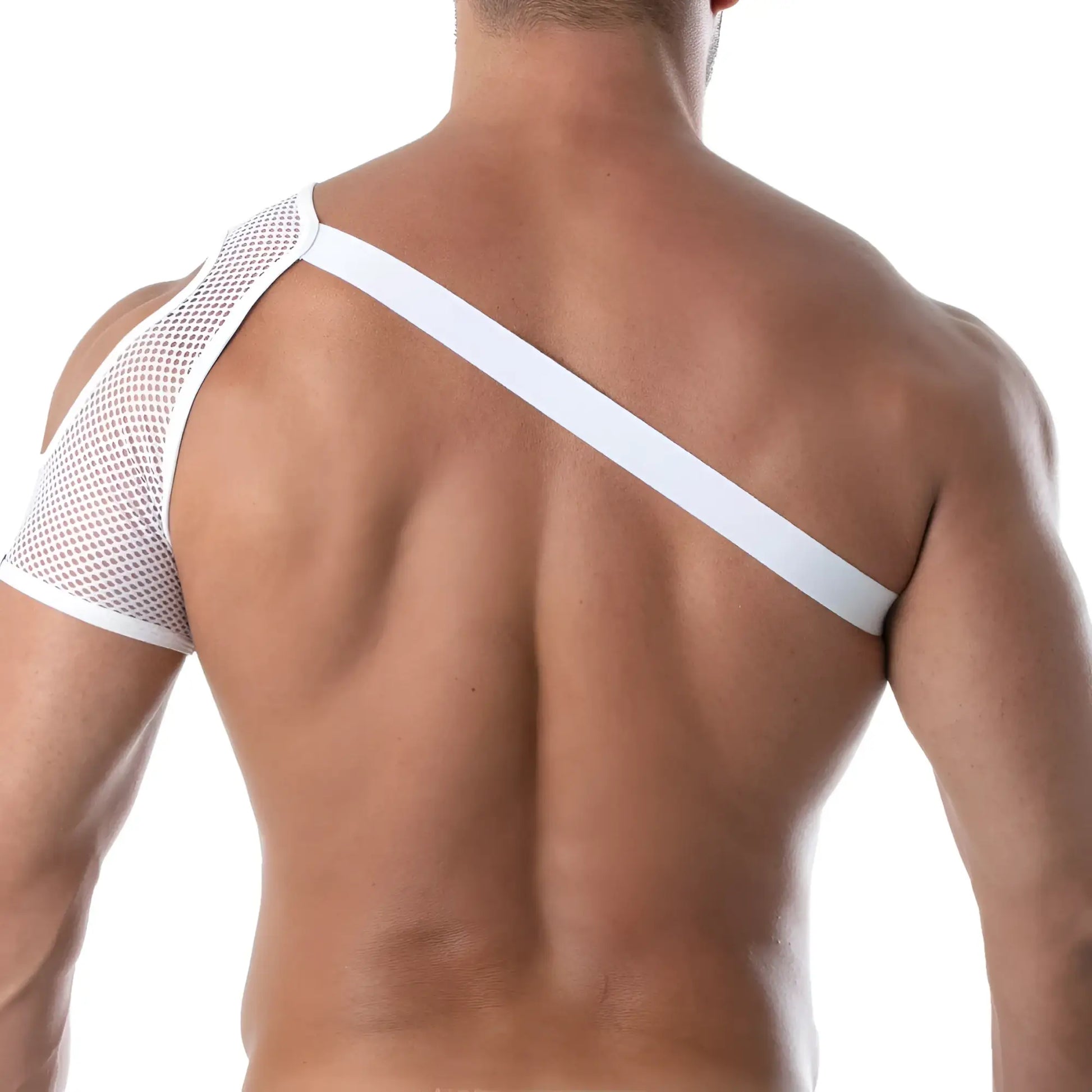White mesh shoulder harness top with a solid white band across the back shown from the back side
