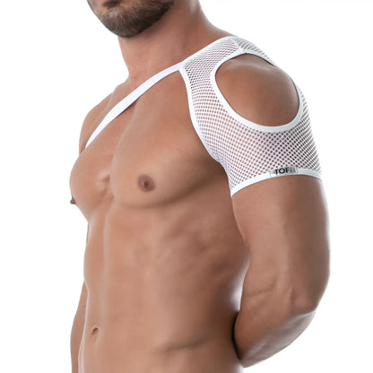 White mesh shoulder harness with cutout design and branded label showing breathable support structure