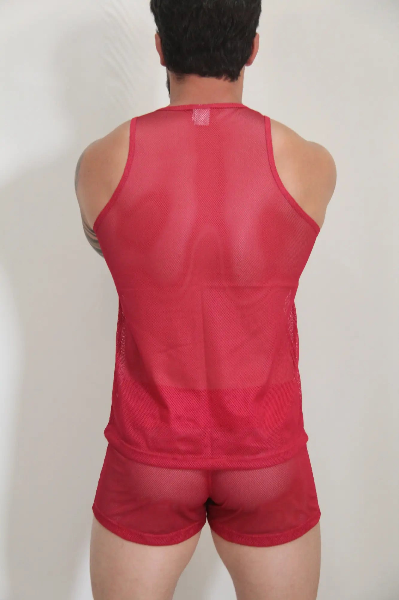 Red mesh tank top and matching shorts set from circuit mesh tanks with breathable fabric in red color