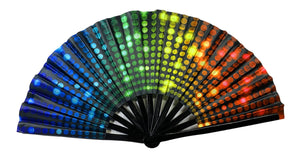 A black clack fan with vibrant rainbow led lights and glowing dots transitioning from blue to red