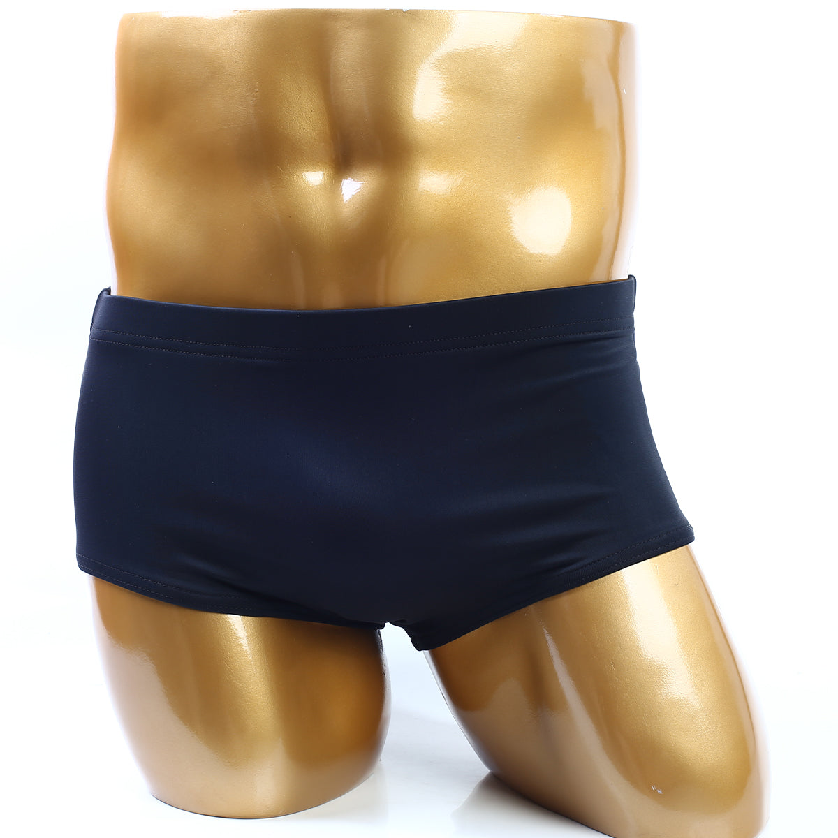 Navy blue metroMalewear classic bodybuilding swim trunks displayed on golden mannequin torso front view