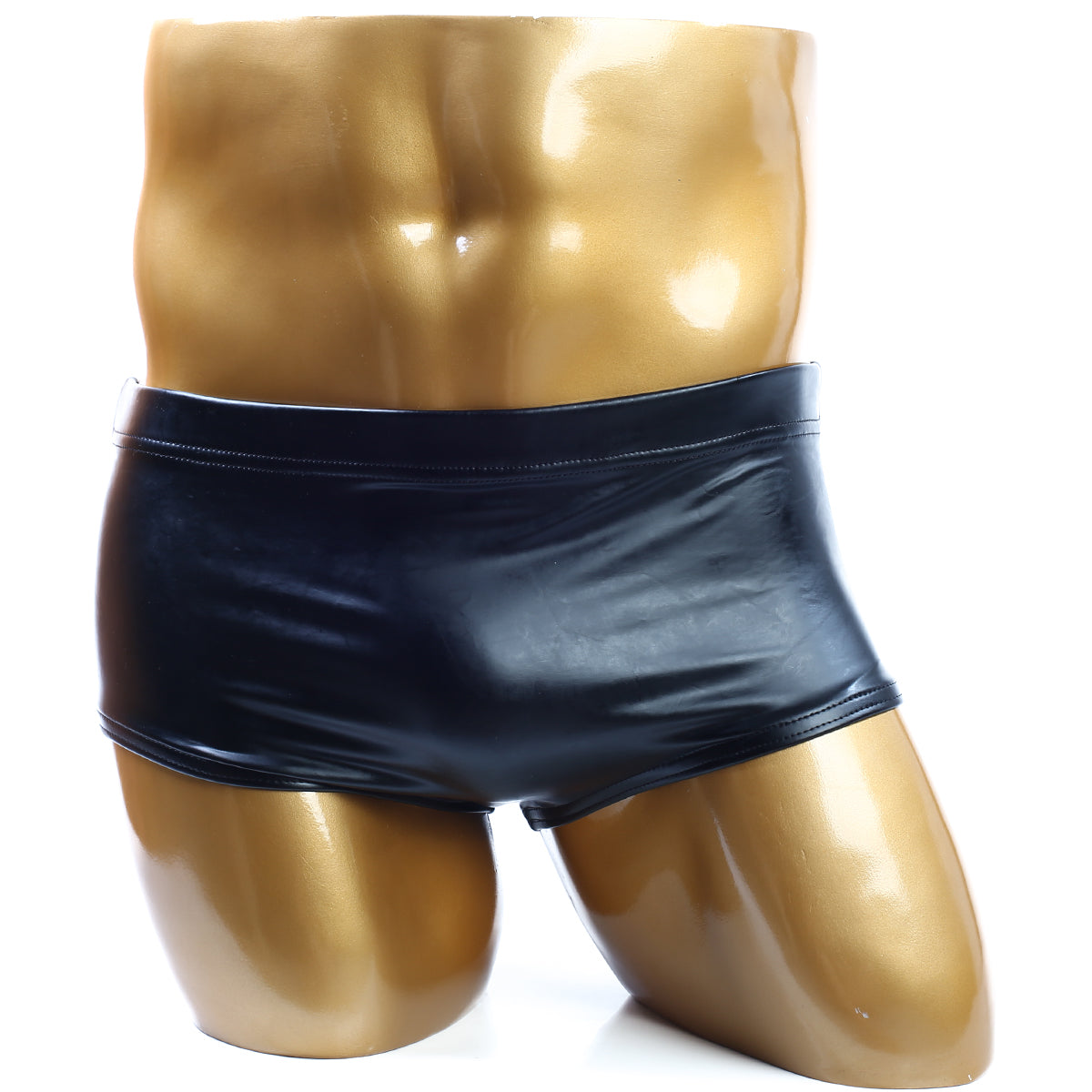 MetroMalewear posingwear classic body building trunk leather 6 inch black shiny latex briefs on golden mannequin