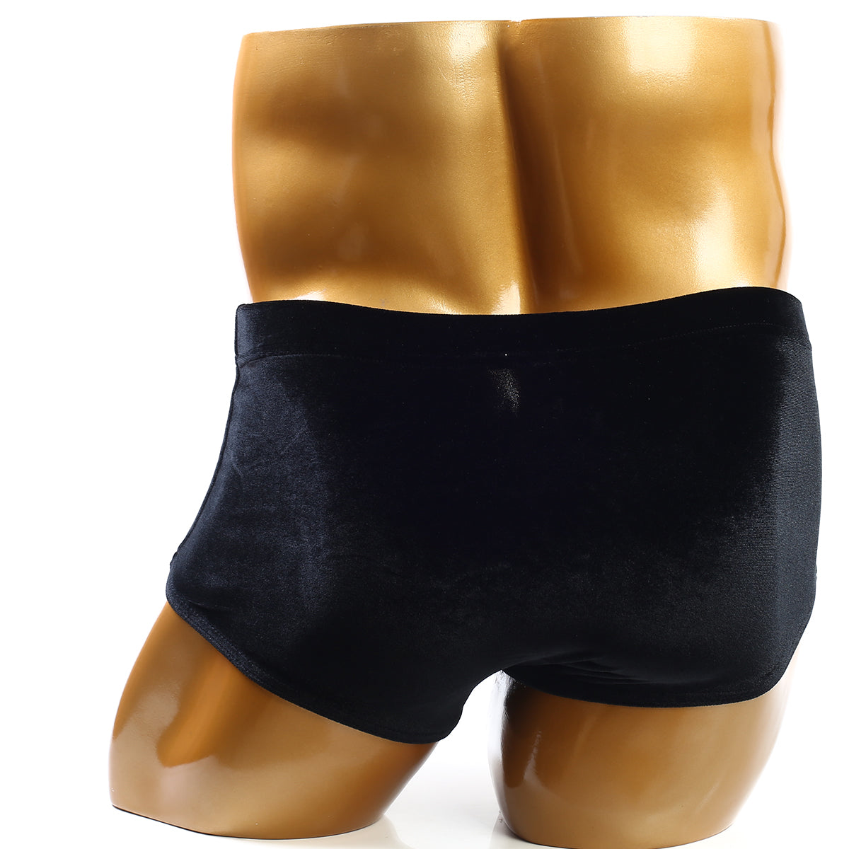 Black velvet MetroMaleWear posingwear classic bodybuilding trunk 6 inch displayed on golden mannequin