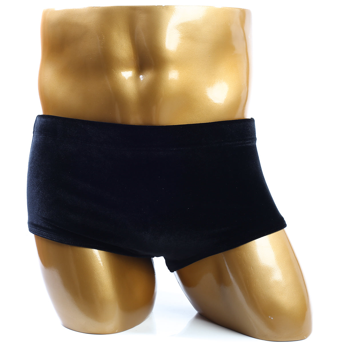 Black velvet MetroMaleWear posingwear classic bodybuilding trunk 6 inch displayed on a golden mannequin