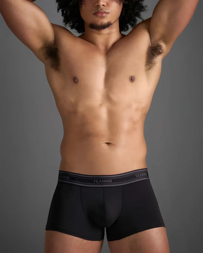 Black classic cotton trunk boxer briefs with gray elastic waistband featuring white brand name lettering