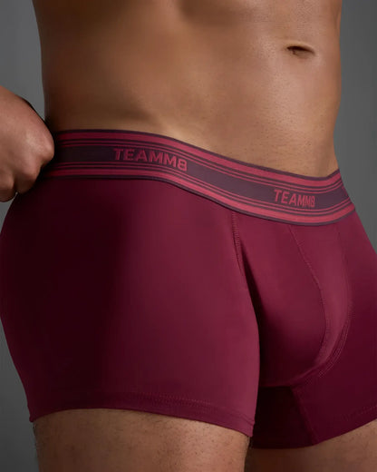 Classic cotton trunk maroon boxer briefs with pink and dark gray elastic waistband featuring brand name