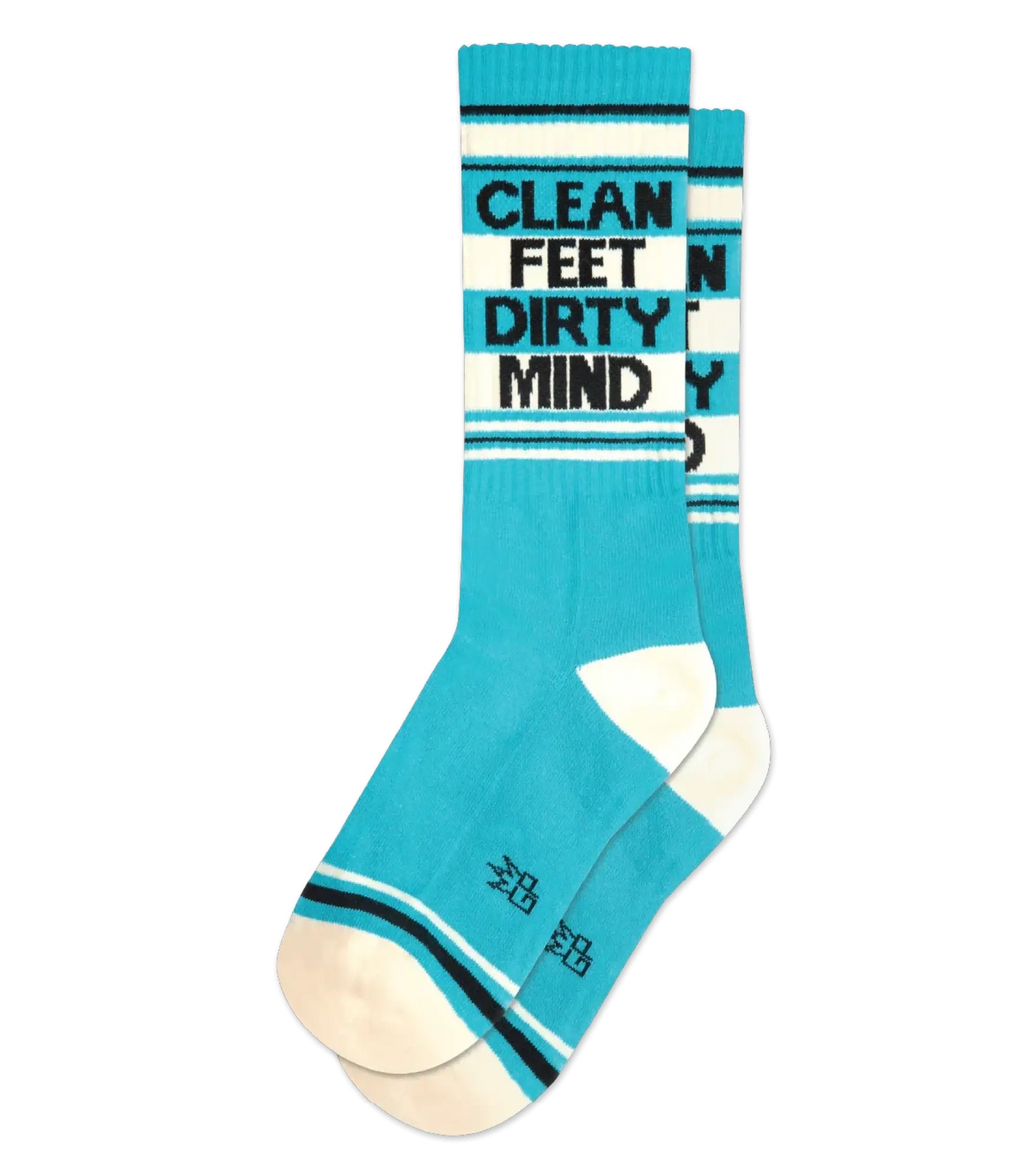 Turquoise and white striped crew socks with clean feet dirty mind text on the cuff for casual wear