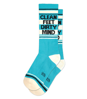 Turquoise and white striped crew socks with clean feet dirty mind text on the cuff for casual wear