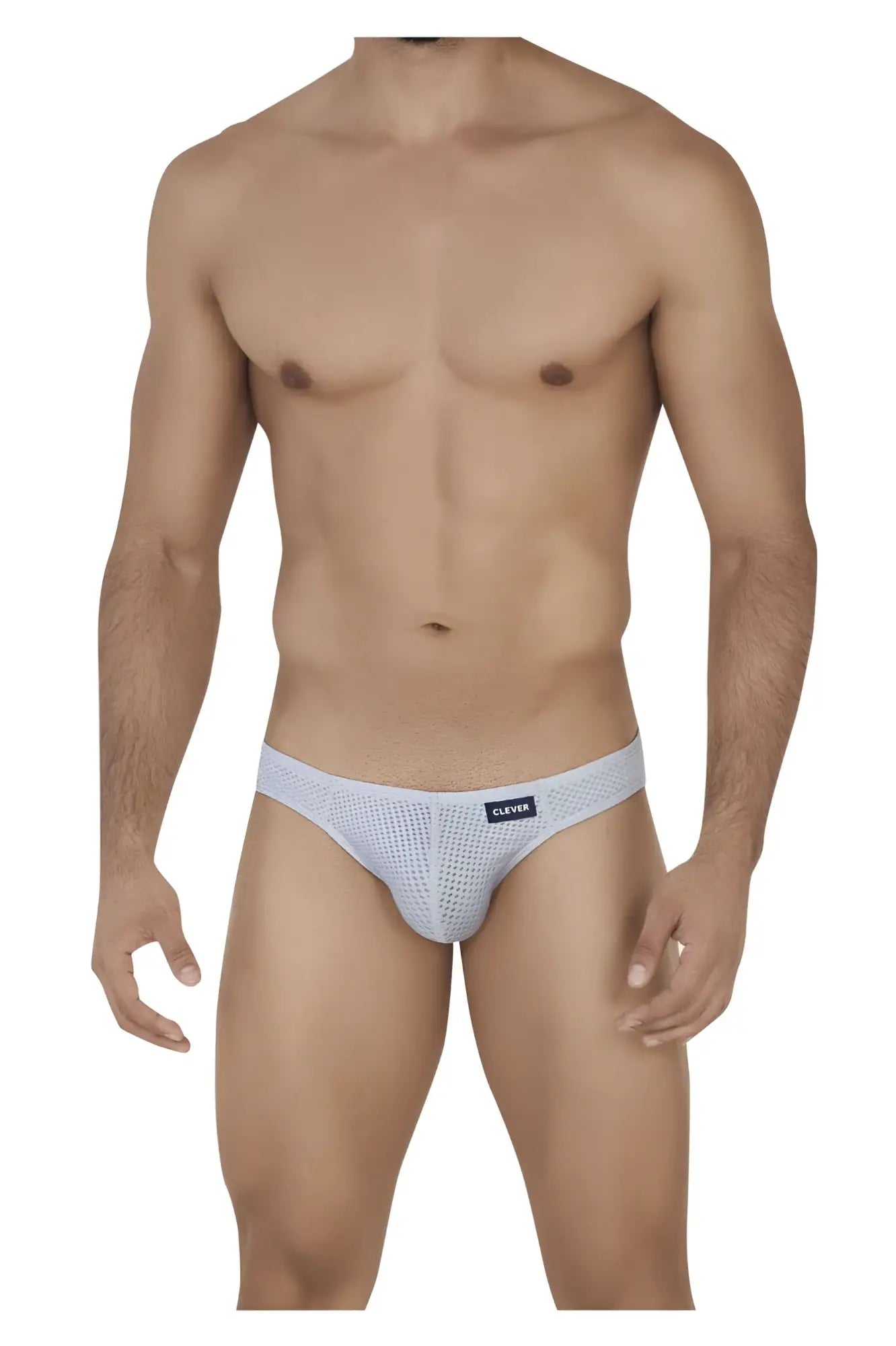 Light gray mesh briefs with subtle pattern and small black Clever brand tag on waistband in Kroma Bikini style
