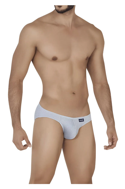 Light gray textured fabric briefs with a small blue brand tag on the waistband from clever kroma bikini collection