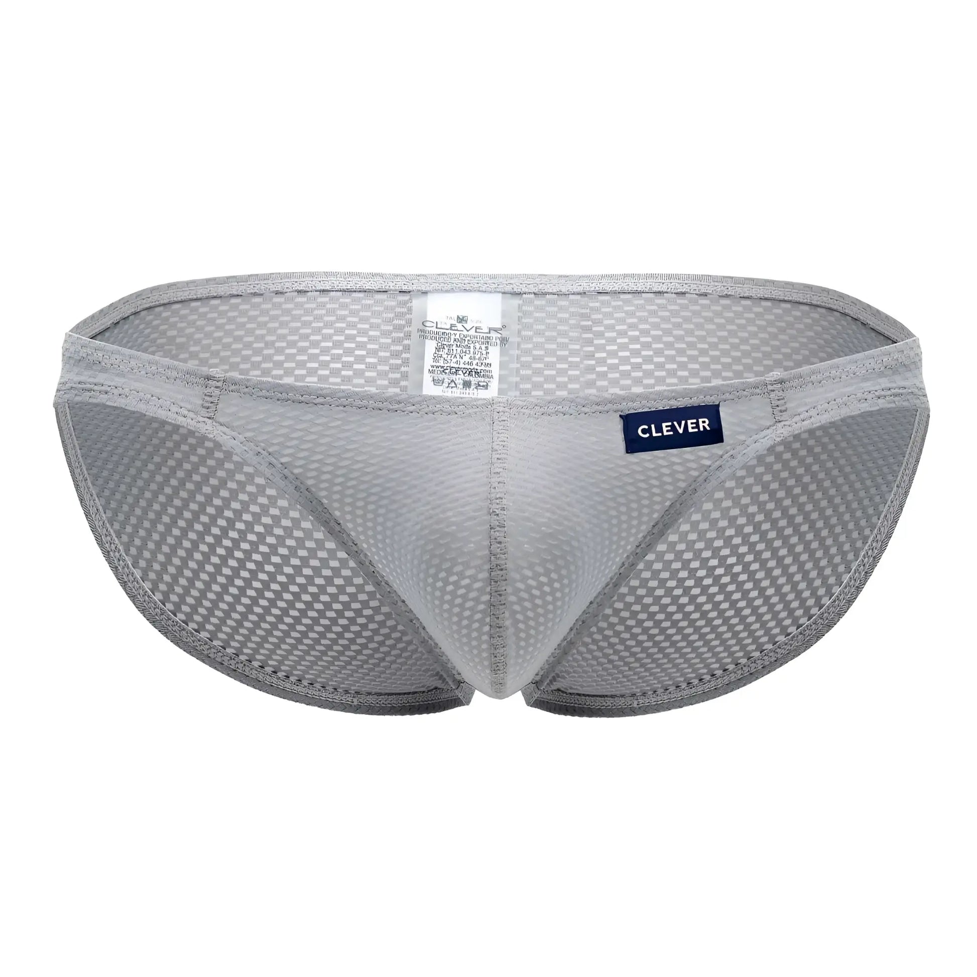 Gray mesh briefs with subtle checkered pattern and navy blue clever brand label from clever 0535-1 kroma bikini